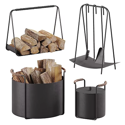 Modern Fireplace Tools Set With Hanging Firewood Rack And Storage Basket 3d model