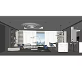 Modern Living Dining Room Interior With White Sofa Blue Chairs And City View Window