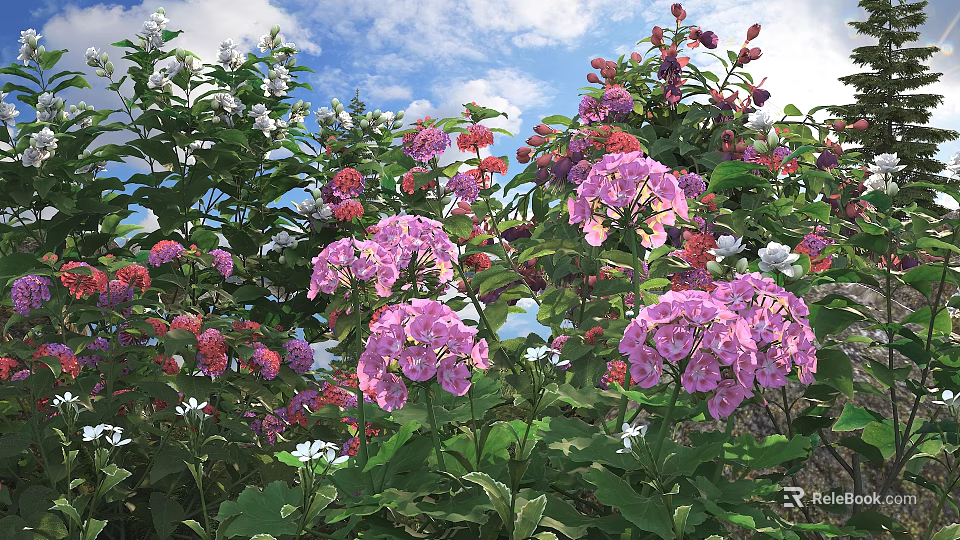 Colorful Flowering Shrubs With Pink Purple White Blooms Green Leaves And Blue Sky 3d model 