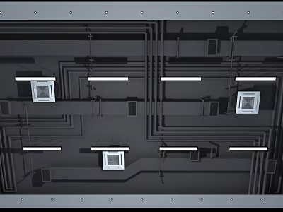 Industrial Ceiling Design With Lighting Fixtures Pipes And Ventilation Grilles 3d model