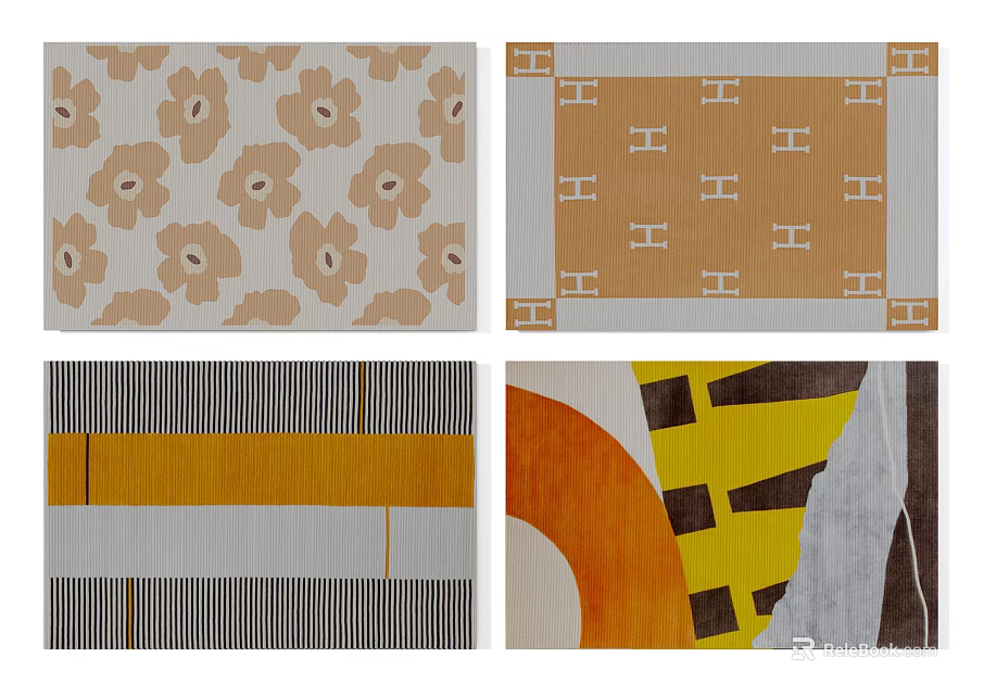Unique Decorative Square Rugs Featuring Floral Geometric Striped And Monogram Patterns 3d model