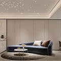 Modern Tea Room Interior With Wooden Table Round Carpet And Ambient Lighting