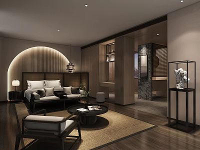 Chinese Style Hotel Guest Room With Wooden Furniture Sofa Coffee Table And Decorative Lamp 3d model