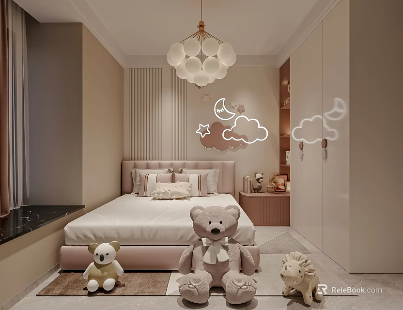 Kids Room Interior Design With Bed Stuffed Animals Moon Cloud Wall Decals And Chandelier 3d model 
