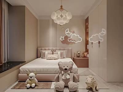 Kids Room Interior Design With Bed Stuffed Animals Moon Cloud Wall Decals And Chandelier 3d model