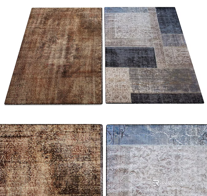 Square Rugs With Vintage Patchwork Design And Distressed Texture In Brown Gray Blue 3d model