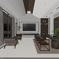 Hotel Public Lounge Area Featuring Large Windows Comfortable Sofas Wooden Long Table And Bookshelves