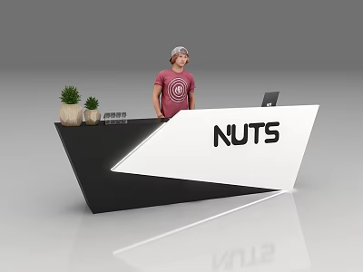 Exhibition Reception Desk with NUTS Logo Black White Design Small Plants and Staff Reception 3d model