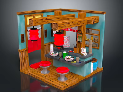Japanese Style Interior With Wooden Counter Red Lanterns And Red Stools 3d model
