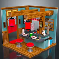 Japanese Style Interior With Wooden Counter Red Lanterns And Red Stools