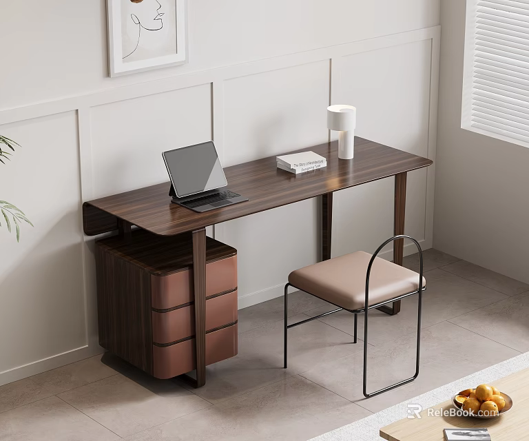 Modern Wooden Desk With Drawers Laptop And Minimalist Chair Interior 3d model 
