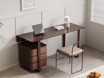 Modern Wooden Desk With Drawers Laptop And Minimalist Chair Interior 3d model