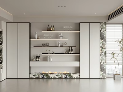 Modern Open White Wine Cabinet with Marble Countertop Glass Wine Glasses Wine Bottles and Decorations 3d model