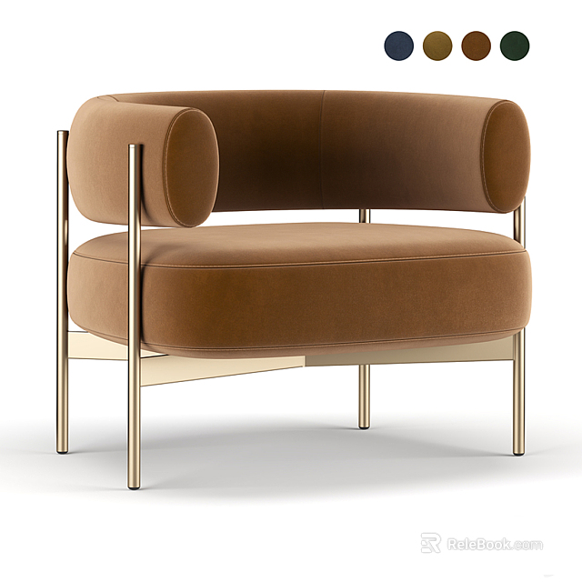 Brown Velvet Single Sofa With Round Arms And Gold Metal Legs Modern Design 3d model 