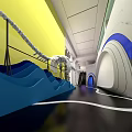 Modern Interior Space With Yellow Walls Blue Wave Decorations And Curved Structures 3d model