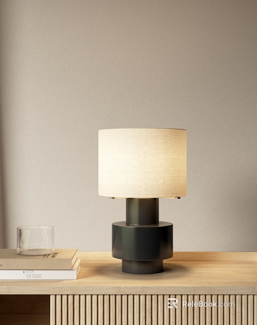 Stylish Table Lamp Black Base White Fabric Lampshade on Light Table with Glass and Book 3d model 