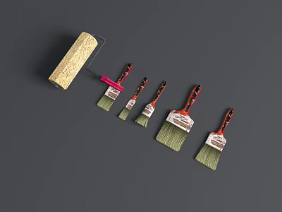 Paint Roller And Various Sizes Paintbrushes As Essential Painting Tools Set 3d model