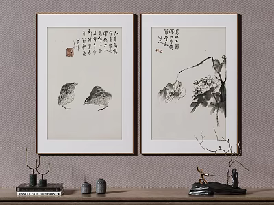 Traditional Chinese Ink Paintings With Calligraphy Bird Flower Designs On Wall Decorative Shelf Ornaments 3d model