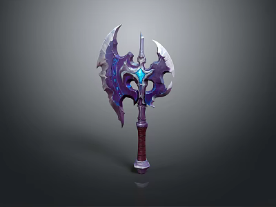 Fantasy Battle Axe With Purple Blades Blue Gemstone And Red Handle 3d model