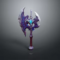 Fantasy Battle Axe With Purple Blades Blue Gemstone And Red Handle