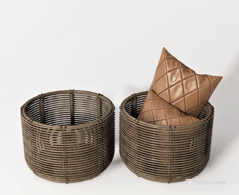 Brown Woven Storage Baskets Two Round With Quilted Diamond Pattern Pillow Inside 3d model