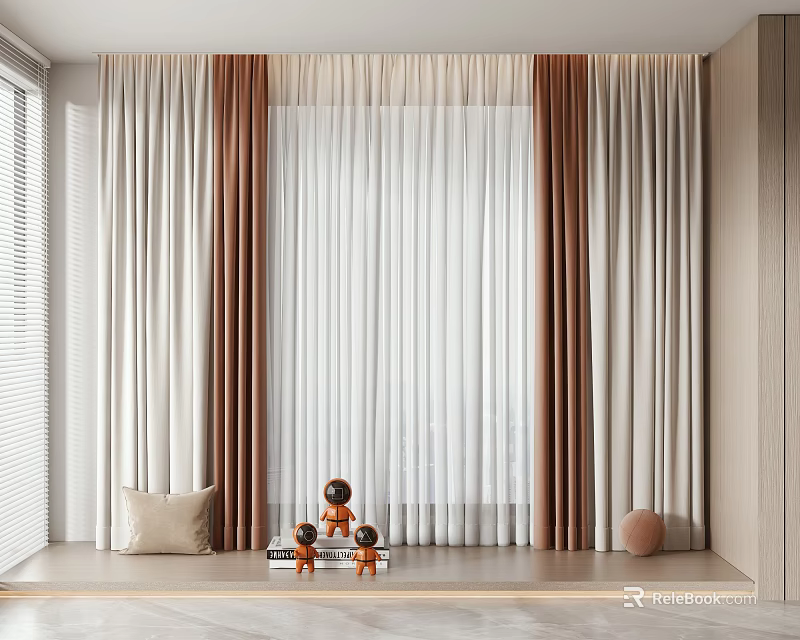White and Brown Floor Length Curtains with Window Sill Ornaments in Interior 3d model 