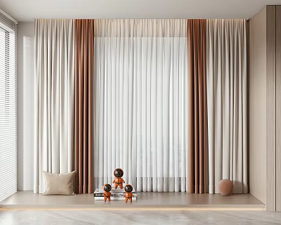 White and Brown Floor Length Curtains with Window Sill Ornaments in Interior 3d model