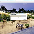 Garden Landscape With Outdoor Canopies Chairs Tables Trees And Potted Plants On Sandy Ground
