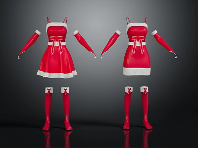 Red Spaghetti Strap Dress With White Trim Waist Belt Long Sleeves Red Thigh High Socks 3d model