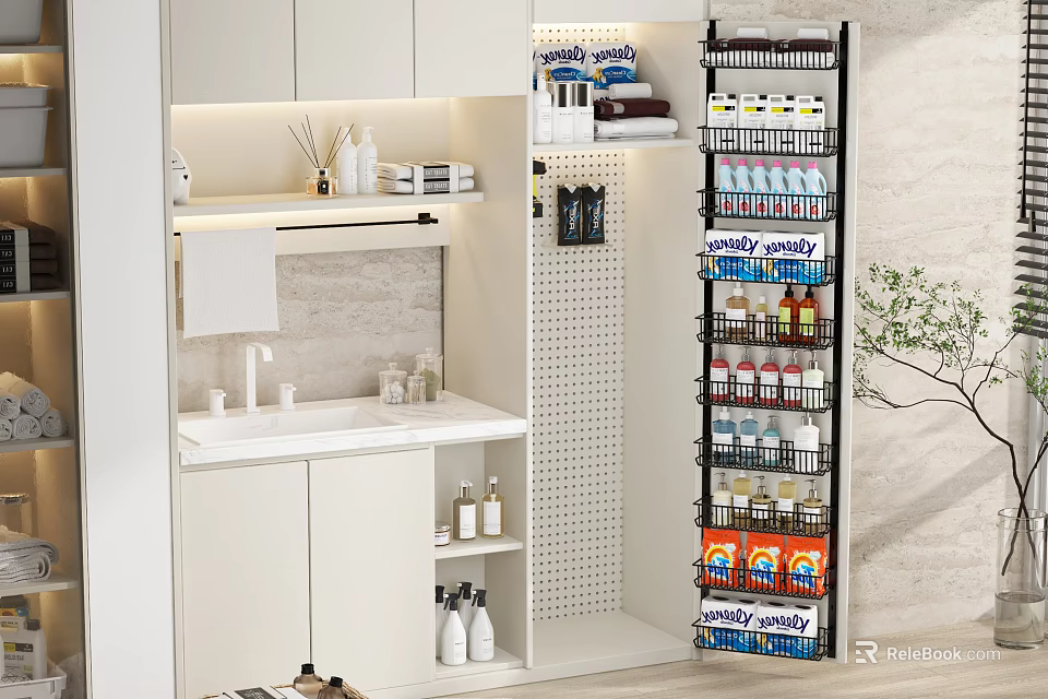Modern Bathroom Cabinet Rack With Illuminated Shelf And Multi Tier Storage For Toiletries 3d model 