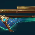 Ornate Steampunk Fantasy Weapon Pistol Featuring Blue Gemstones Wooden Grip And Glowing Blade