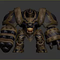 Game And Movie Character 3D Model With Mechanical Armor Golden Blue Accents Red Gem Details