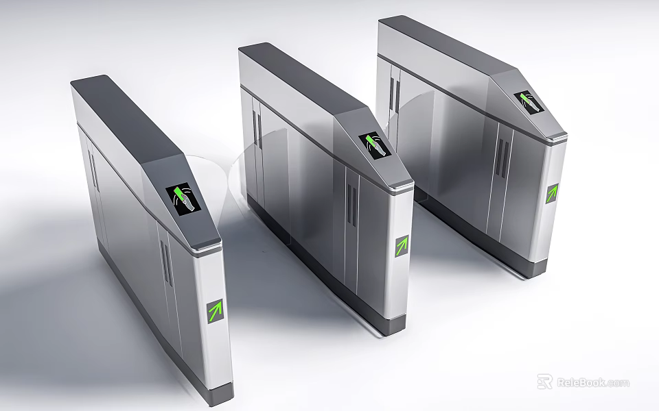 Public Facility Modern Silver Turnstiles Three Units With Green Arrows And Indicator Lights 3d model 