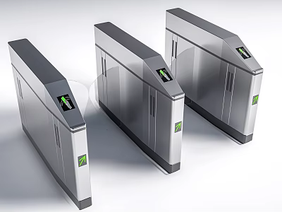 Public Facility Modern Silver Turnstiles Three Units With Green Arrows And Indicator Lights 3d model