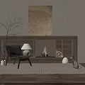 Modern Fireplace With Gray Armchair Floor Lamps Wood Logs And Textured Artwork