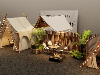 Garden Landscape Featuring Tents String Lights Wooden Fence Plants And Fire Pit 3d model