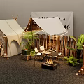 Garden Landscape Featuring Tents String Lights Wooden Fence Plants And Fire Pit