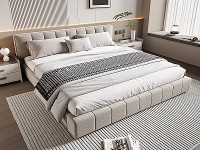 Modern Double Bed Design With Upholstered Headboard Pillows Striped Blanket Nightstands And Rug 3d model