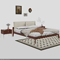 Modern Double Bed Interior With Wooden Frame White Sheets Pillows Nightstand And Wall Art 3d model