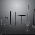Set of Ancient Weapons Featuring Sword Axe Hammer Pickaxe Shovel with Wooden Handles