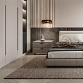 Modern Bedroom Interior Design With Striped Wall Headboard Golden Artwork And Herringbone Rug
