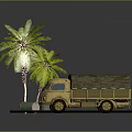 Vintage Truck With Canvas Cover Near Palm Trees Green Oil Drums On Sandy Ground