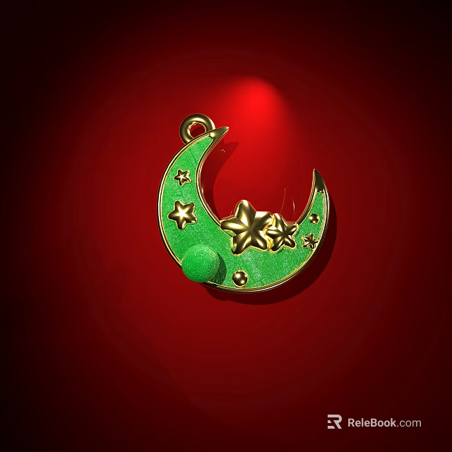 Green Crescent Moon Jewelry Pendant with Golden Stars and Green Accent on Red Background 3d model 