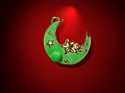 Green Crescent Moon Jewelry Pendant with Golden Stars and Green Accent on Red Background 3d model