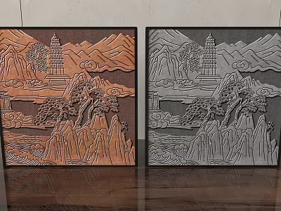 Chinese Relief Wall Decor With Mountain Tower Tree Cloud Patterns In Warm Cool Tones 3d model