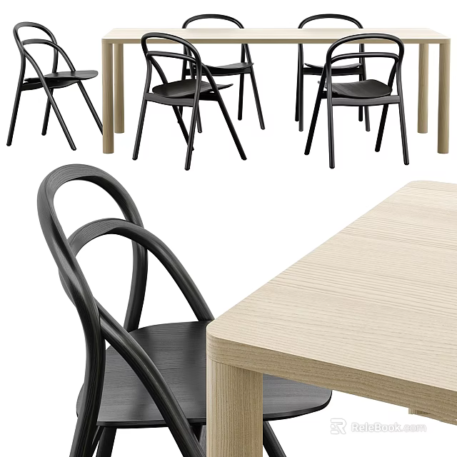 Stylish Light Wood Dining Table With Black Curved Back Chairs Set 3d model 