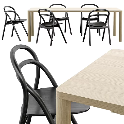Stylish Light Wood Dining Table With Black Curved Back Chairs Set 3d model