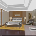 Modern Hotel Room Interior With Large Bed Wooden Accent Wall Decorative Painting And Cozy Armchair
