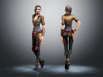Stylish Female Character Front And Back Views Standing Pose Brown Top Black Pants Red Accents 3d model