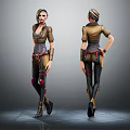 Stylish Female Character Front And Back Views Standing Pose Brown Top Black Pants Red Accents